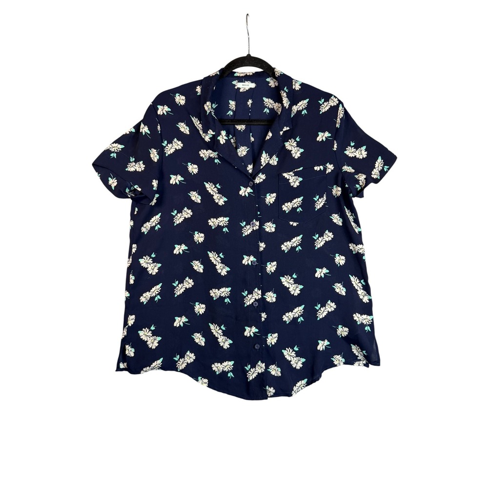 Kimchi Blue Navy Floral Button Down Short Sleeve Blouse Pajama Style Top Womens